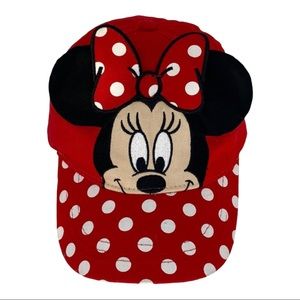 Disney Minnie Mouse Face w/ Ears & Bow Red / White Polka Dot Baseball cap OS